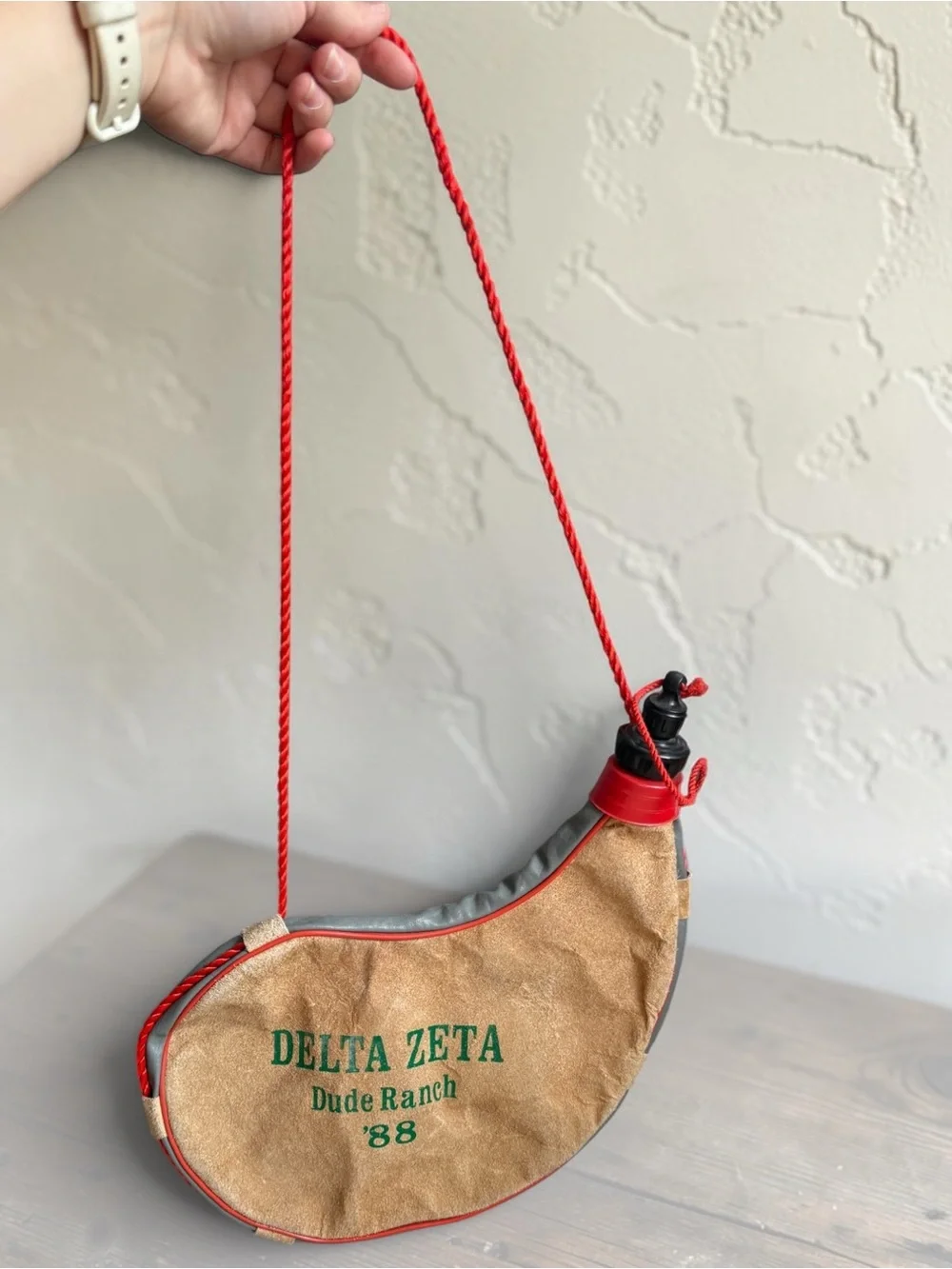 Delta Zeta '88 Kids Brown Suede Canteen Bag with Red Trim